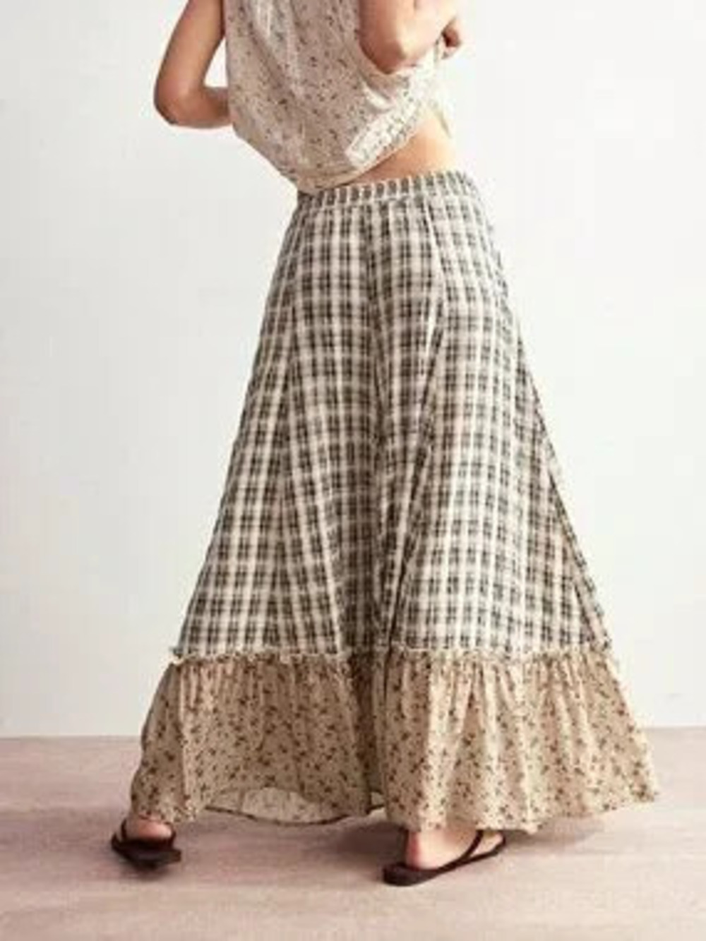ZARA Green Boho Women's Plaid Ruffle Cropped Wide Leg Pants